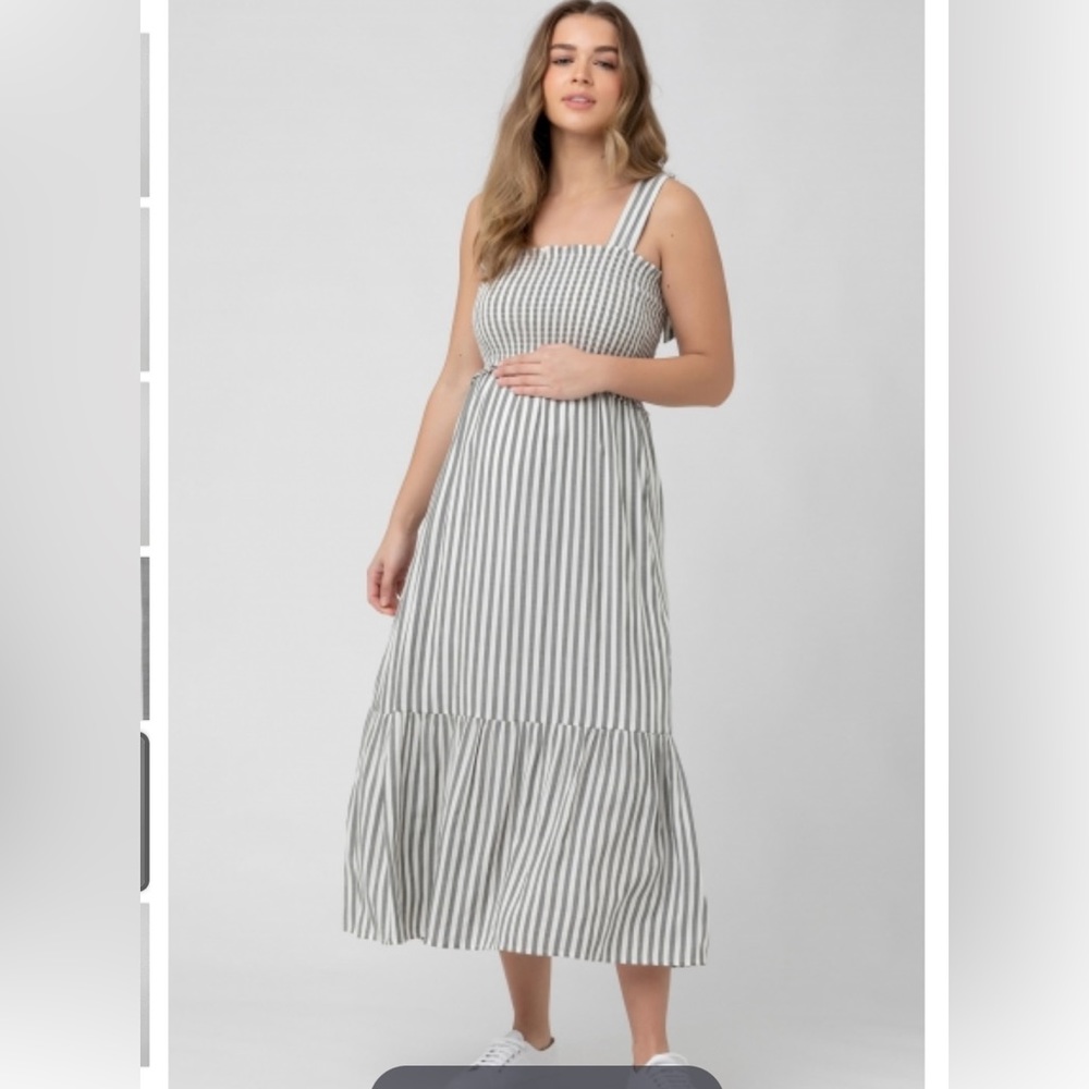 Ripe Maternity Ollie Smocked Dress in gray and white